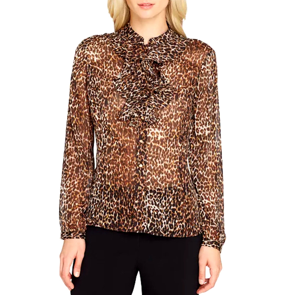 Tahari ASL Sheer Long Sleeve Stand Collar Leopard Brown Ruffle Blouse Plus SZ 2X